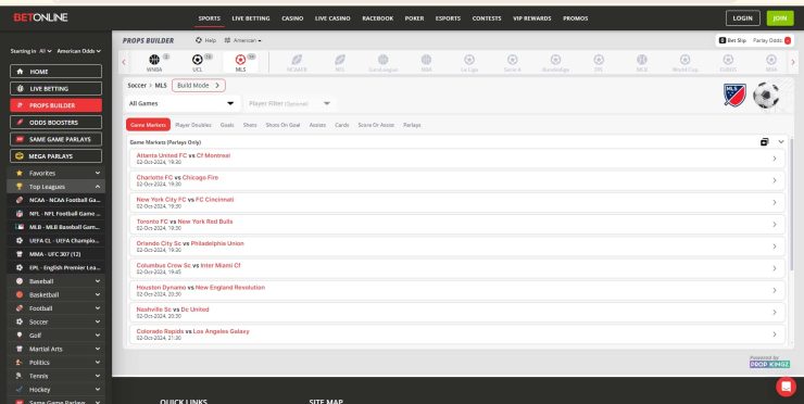 MLS Prop Builder at BetOnline Sportsbook MT