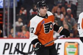 Sep 26, 2024; Philadelphia, Pennsylvania, USA; Philadelphia Flyers center Jett Luchanko (17) during the second period against the New York Islanders at Wells Fargo Center.