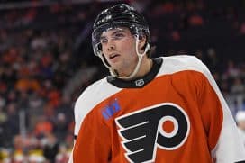 Sep 26, 2024; Philadelphia, Pennsylvania, USA; Philadelphia Flyers center Jett Luchanko (17) during the second period against the New York Islanders at Wells Fargo Center.