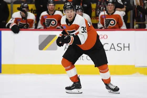 Sep 26, 2024; Philadelphia, Pennsylvania, USA; Philadelphia Flyers right wing Matvei Michkov (39) during the third period against the New York Islanders at Wells Fargo Center.