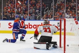 Oct 15, 2024; Edmonton, Alberta, CAN; Edmonton Oilers defensemen Evan Bouchard (2) celebrates after scoring a goal against Philadelphia Flyers goaltender Samuel Ersson (33) during the third period at Rogers Place. Mandatory