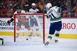 Oct 19, 2024; Philadelphia, Pennsylvania, USA; Vancouver Canucks left wing Nils Hoglander (21) scores a goal against the Philadelphia Flyers in the first period at Wells Fargo Center.