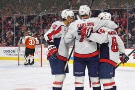 Oct 22, 2024; Philadelphia, Pennsylvania, USA; Washington Capitals left wing Andrew Mangiapane (88) celebrates his shorthanded goal with teammates against the Philadelphia Flyers during the first period at Wells Fargo Center.