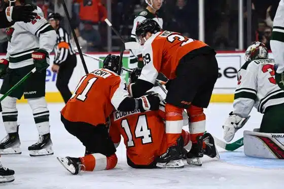 Oct 26, 2024; Philadelphia, Pennsylvania, USA; Philadelphia Flyers right wing Travis Konecny (11) and Philadelphia Flyers right wing Matvei Michkov (39) celebrate with center Sean Couturier (14) after his goal against the Minnesota Wild in the third period at Wells Fargo Center.