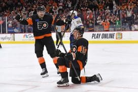 Oct 31, 2024; Philadelphia, Pennsylvania, USA; Philadelphia Flyers right wing Bobby Brink (10) celebrates his goal with defenseman Rasmus Ristolainen (55) against the St. Louis Blues during the third period at Wells Fargo Center.