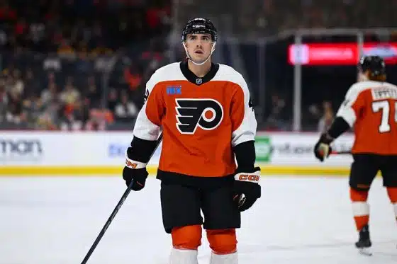 Nov 2, 2024; Philadelphia, Pennsylvania, USA; Philadelphia Flyers center Morgan Frost (48) looks on against the Boston Bruins in the first period at Wells Fargo Center.