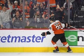 Nov 11, 2024; Philadelphia, Pennsylvania, USA; Philadelphia Flyers right wing Matvei Michkov (39) celebrates his goal against the San Jose Sharks during the shootout period at Wells Fargo Center.