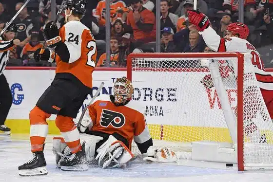 Nov 20, 2024; Philadelphia, Pennsylvania, USA; Philadelphia Flyers defenseman Nick Seeler (24) and goaltender Ivan Fedotov (82) react after Carolina Hurricanes scored a goal during the third period at Wells Fargo Center.