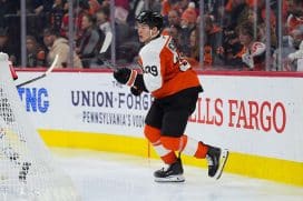 Nov 23, 2024; Philadelphia, Pennsylvania, USA; Philadelphia Flyers right wing Matvei Michkov (39) in action against the Chicago Blackhawks in the third period at Wells Fargo Center.