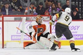 Nov 25, 2024; Philadelphia, Pennsylvania, USA; Vegas Golden Knights center Jack Eichel (9) scores a goal against Philadelphia Flyers goaltender Ivan Fedotov (82) during the shootout period