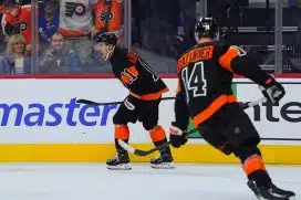 Nov 29, 2024; Philadelphia, Pennsylvania, USA; Philadelphia Flyers right wing Travis Konecny (11) reacts after scoring an open-net goal against the New York Rangers in the third period at Wells Fargo Center.