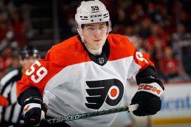 NEWARK, NEW JERSEY - SEPTEMBER 25: Oliver Bonk #59 of Philadelphia Flyers skates against the New Jersey Devils at a preseason game at the Prudential Center on September 25, 2023 in Newark, New Jersey. (