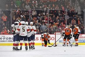 Dec 5, 2024; Philadelphia, Pennsylvania, USA; Florida Panthers center Sam Reinhart (13) celebrates his goal with teammates against the Philadelphia Flyers during the third period at Wells Fargo Center.