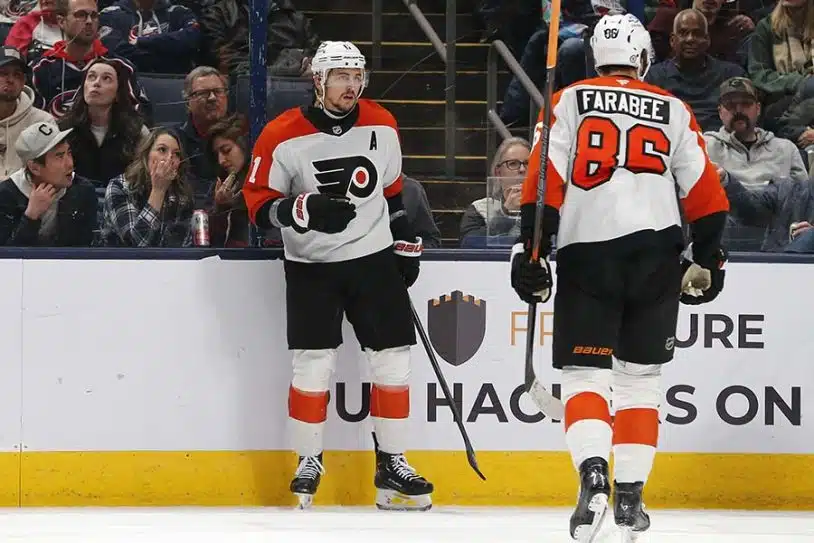 Dec 10, 2024; Columbus, Ohio, USA; Philadelphia Flyers center Travis Konecny (11) celebrates his goal against the Columbus Blue Jackets during the second period at Nationwide Arena.