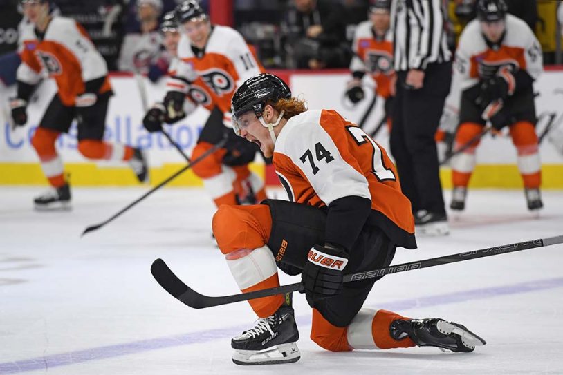 Dec 21, 2024; Philadelphia, Pennsylvania, USA; Philadelphia Flyers right wing Owen Tippett (74) celebrates his game-winning goal against the Columbus Blue Jackets during the overtime period at Wells Fargo Center.